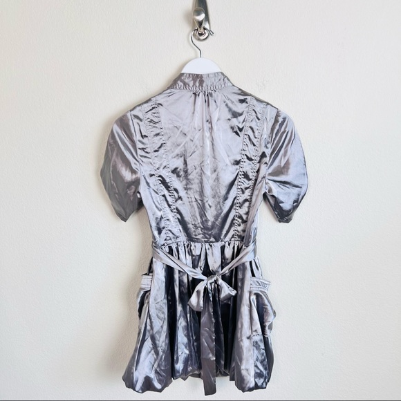 Y2K Silver Satin V-Neck Neck Tie Short Sleeve Bubble Mini Dress - Picture 5 of 16